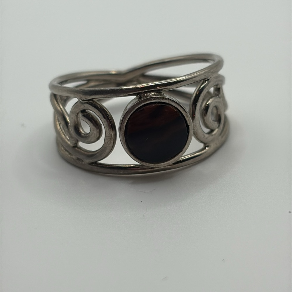 Vintage Silver Ring with Deep Brown Tones Stone Size 8